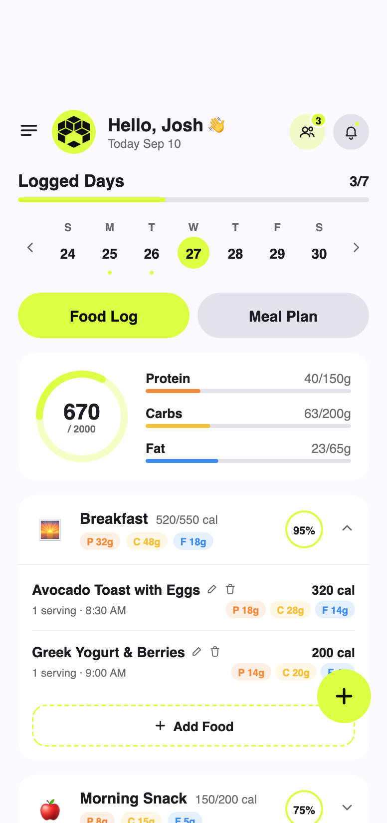 FitNut App Nutrition Screen