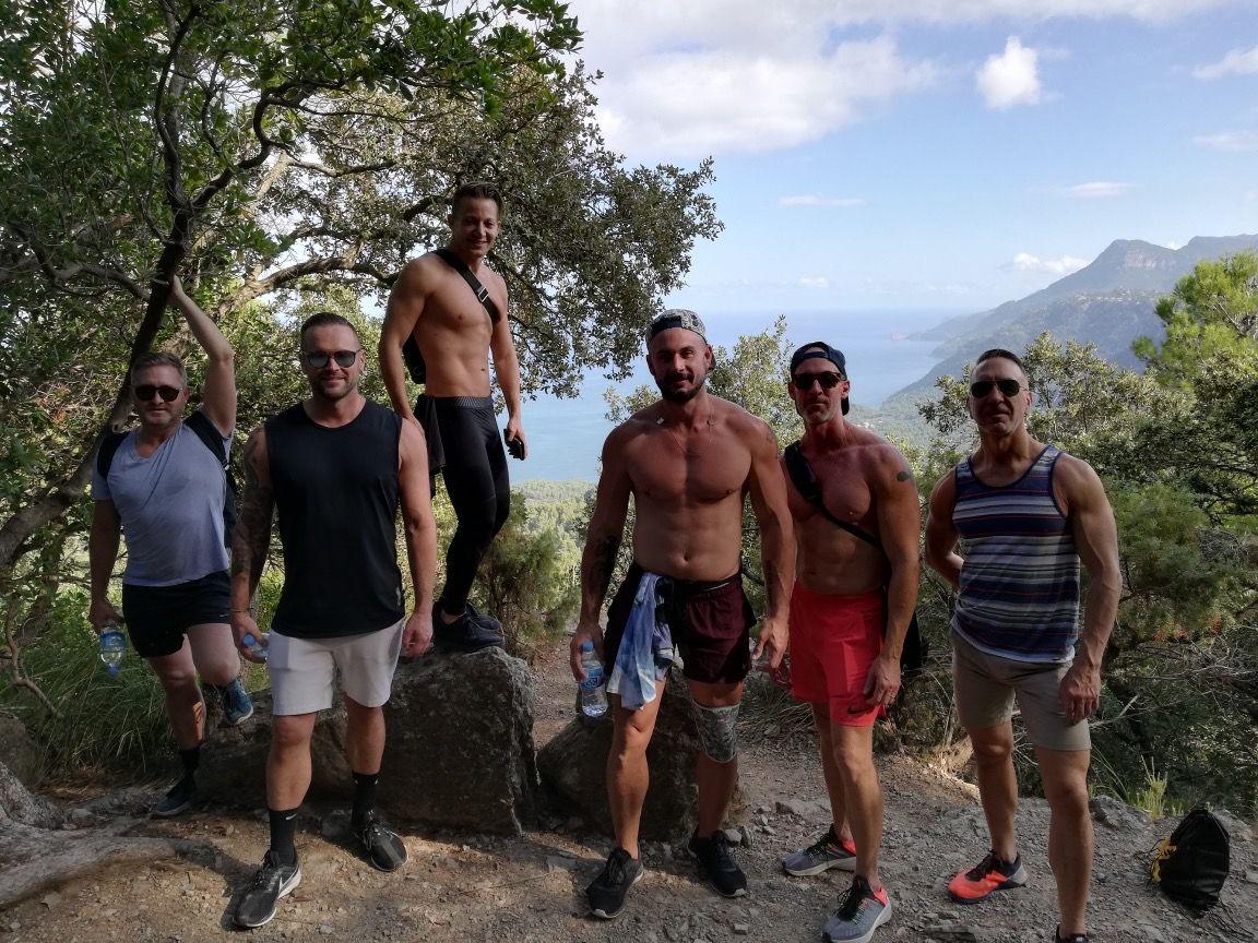 Group hike with ocean views